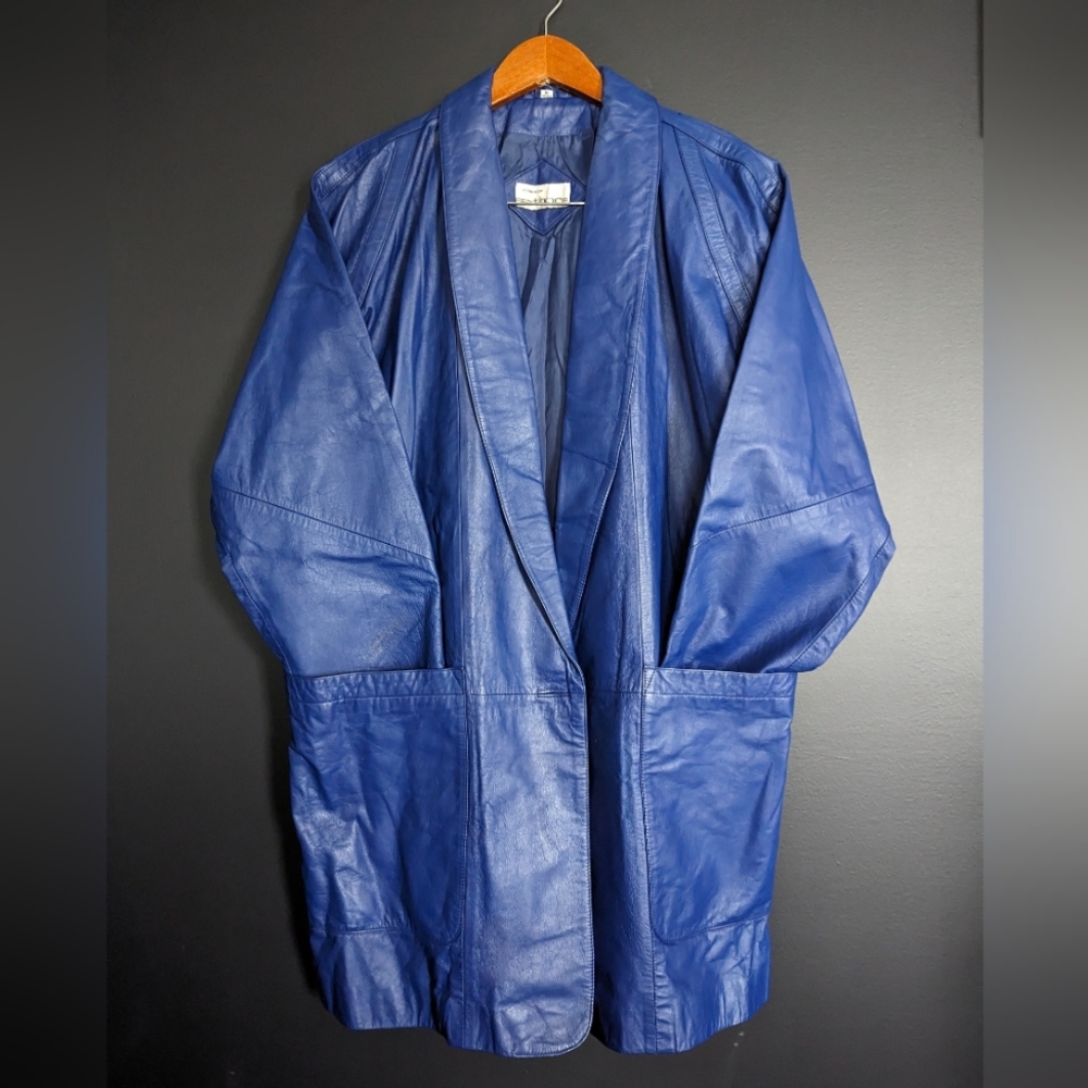 Vintage Cobalt Blue Knee Length Leather Jacket